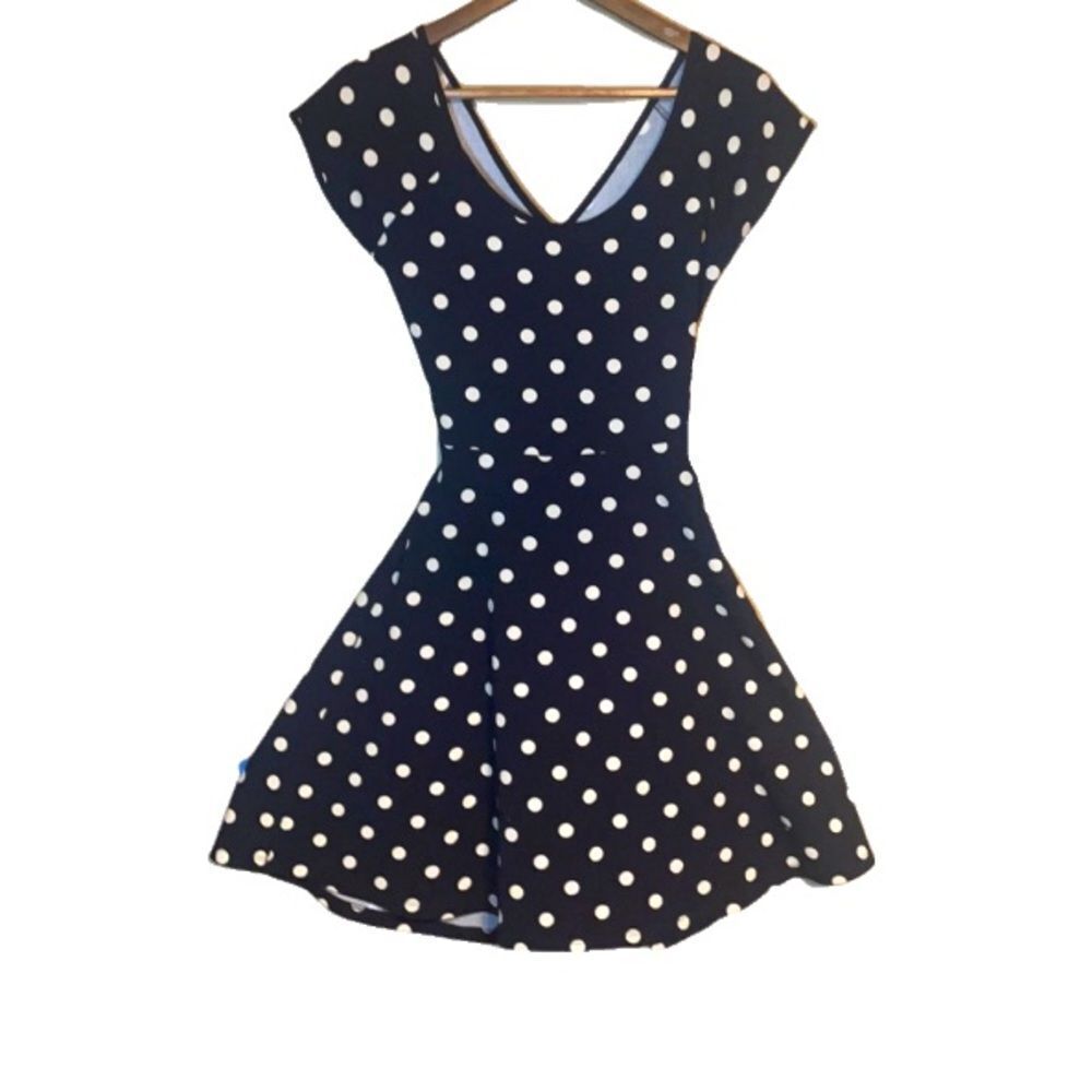 Gilli Seersucker Polka Dot Sailor Nautical Keyhole Backless Cocktail Navy Dress